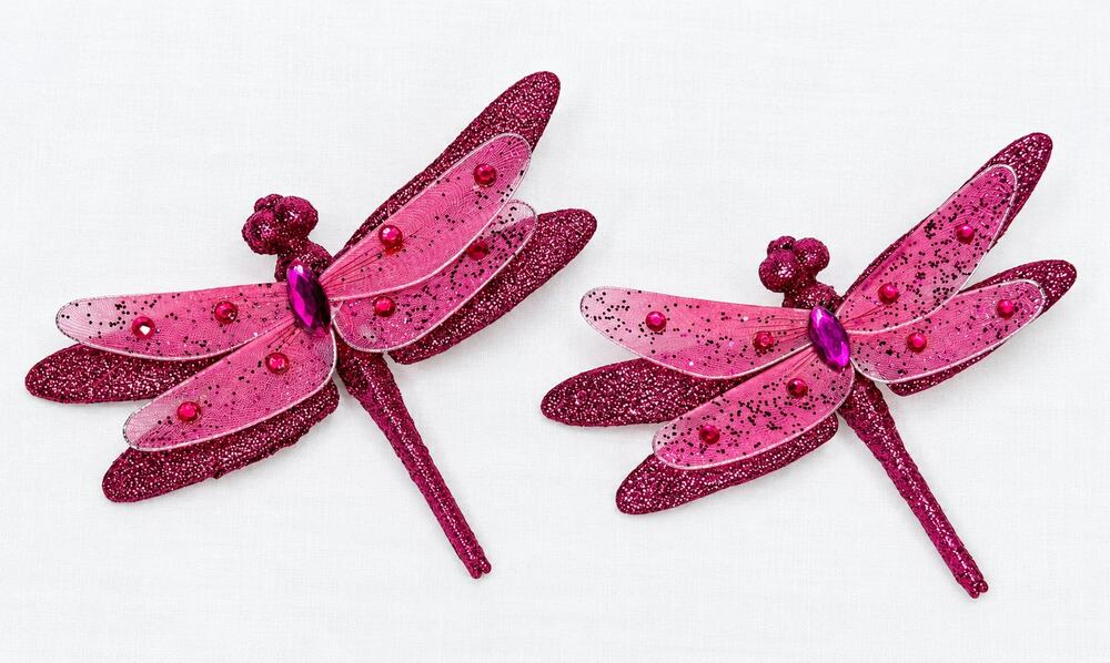 Pink Glitter Rhinestone Dragonfly Christmas Tree Clips Set of 2